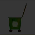 Building Exterior Green Rusty Trash Can With Open Lid White Sticker And Wheels