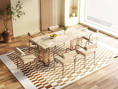 Dining Table Set With Marble Top Six Beige Chairs Copper Base And Geometric Rug 3d model