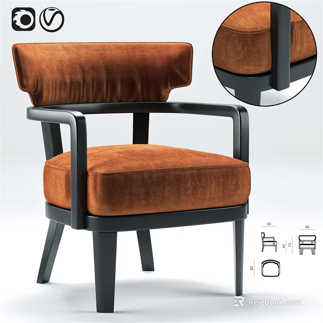 Brown Velvet Accent Chair with Black Frame and Padded Armrests for Living Room 3d model 