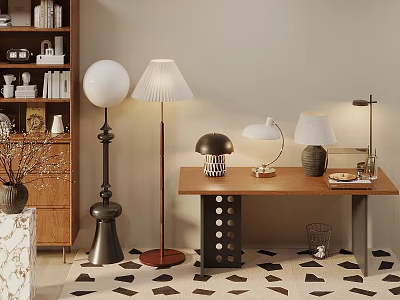 Modern Stylish Floor And Table Lamps In Living Room With Wooden Table And Bookshelf 3d model