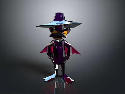 Purple 3D Cartoon Character With Wide Brimmed Hat And Metallic Wing Structures 3d model