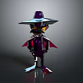 Purple 3D Cartoon Character With Wide Brimmed Hat And Metallic Wing Structures