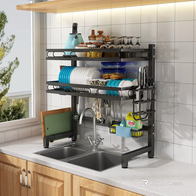 Modern Kitchen Over Sink Rack With Dishes Bowls Cups And Utensils Organizer 3d model 