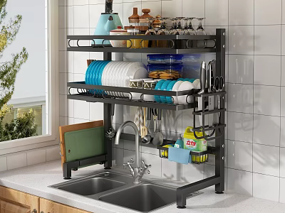 Modern Kitchen Over Sink Rack With Dishes Bowls Cups And Utensils Organizer 3d model