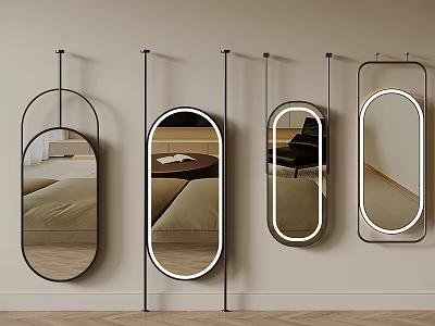 Modern Mirrors in Various Shapes with Illuminated Frames on Light Colored Wall and Wooden Floor 3d model