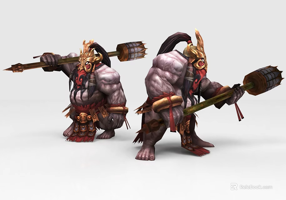 Game and Movie Muscular Warrior Characters With Golden Helmets Holding Large Hammers 3d model 