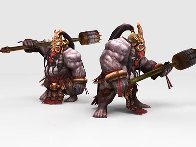 Game and Movie Muscular Warrior Characters With Golden Helmets Holding Large Hammers 3d model