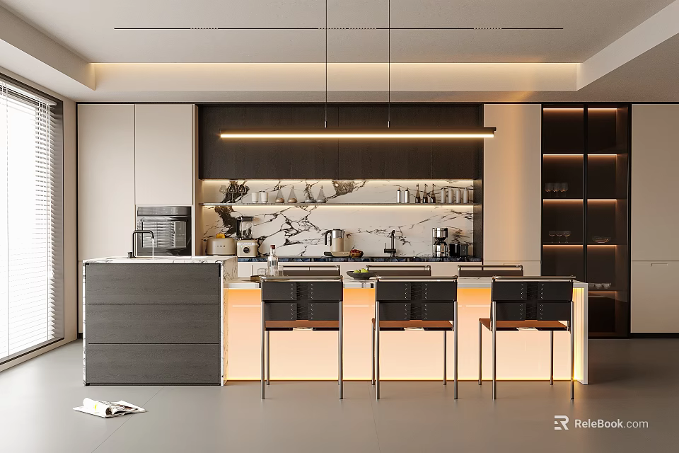 Modern Restaurant Interior Design With Bar Counter Black Chairs And Pendant Lights 3d model 