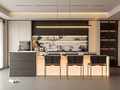 Modern Restaurant Interior Design With Bar Counter Black Chairs And Pendant Lights 3d model