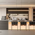 Modern Restaurant Interior Design With Bar Counter Black Chairs And Pendant Lights