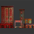 Traditional Red Entryway Cabinet And Side Cabinet With Intricate Floral Patterns And Matching Tables