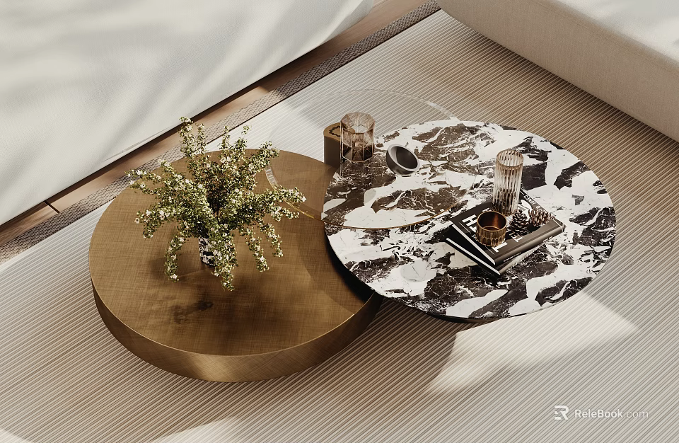 Round Wooden And Marble Coffee Tables With Plant Decor In Living Room 3d model 