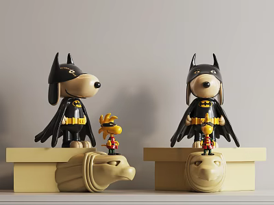 Batman Costumed Dog Dolls with Small Yellow Figure on Animal Head Shaped Base 3d model