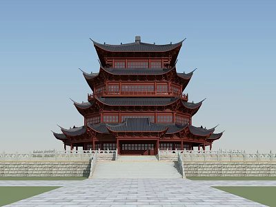 Ancient Chinese Architecture Traditional Pagoda Multi Story Red Black Design With Steps And Railings 3d model