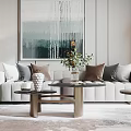 Modern Elegant Living Room With Marble Floor Sofa Coffee Table Floor-to-Ceiling Windows And TV Wall