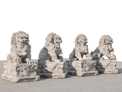 Outdoor Decorative Traditional Style Garden Ornaments With Four Stone Lion Statues On Pedestals 3d model