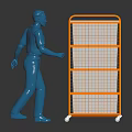 Blue Human Figure Pushing Orange Multi Layer Grid Cart With Wheels 3d model