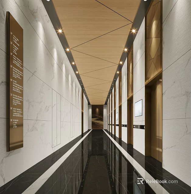Modern Elevator Hallway Interior With Marble Walls Wooden Ceiling And Recessed Lighting 3d model 