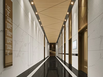 Modern Elevator Hallway Interior With Marble Walls Wooden Ceiling And Recessed Lighting 3d model