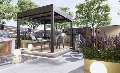 Modern courtyard garden flowers plants flowers outdoor table and chairs pavilion 3d model