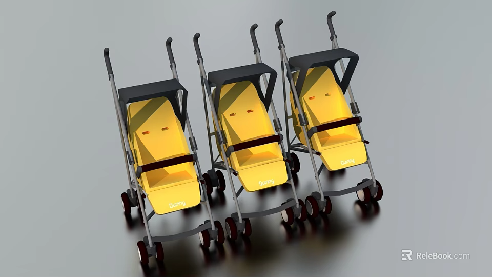 Three Yellow Stylish Strollers With Modern Design And Black Handles 3d model