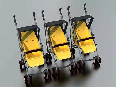 Three Yellow Stylish Strollers With Modern Design And Black Handles 3d model