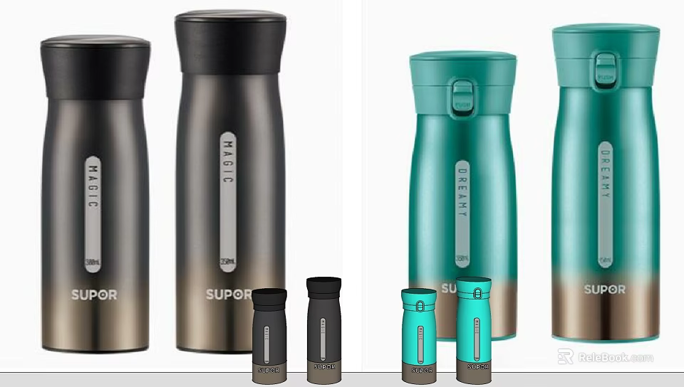 SUPOR Stainless Steel Vacuum Flasks With Black Green Colors Various Sizes And Lid Design 3d model 