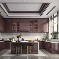 Dark Wood Kitchen Interior Design With Central Island Stools And Large Windows 3d model