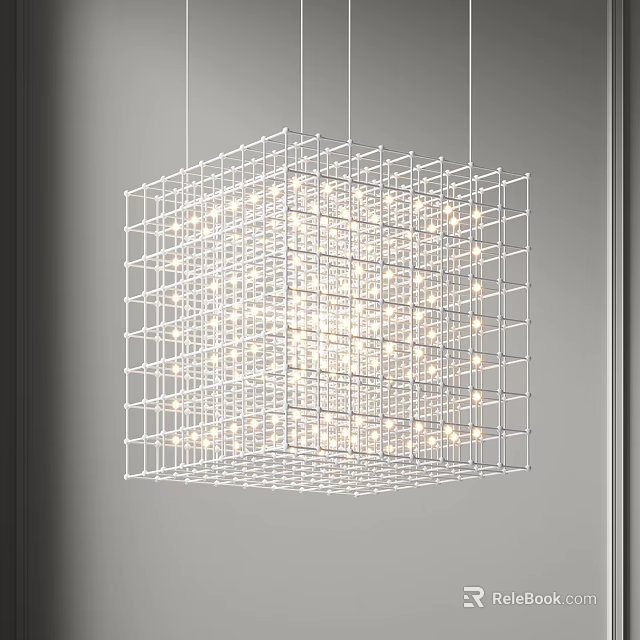 Modern Geometric Grid Metal Frame Chandelier Hanging With Warm Light In Living Room Interior 3d model 