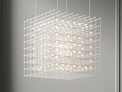 Modern Geometric Grid Metal Frame Chandelier Hanging With Warm Light In Living Room Interior 3d model