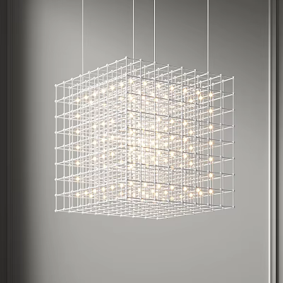 Modern Geometric Grid Metal Frame Chandelier Hanging With Warm Light In Living Room Interior 3d model