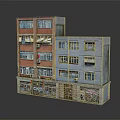 Multi Storey Residential Building With Red and Blue Facade Multiple Windows And Ground Floor Shops