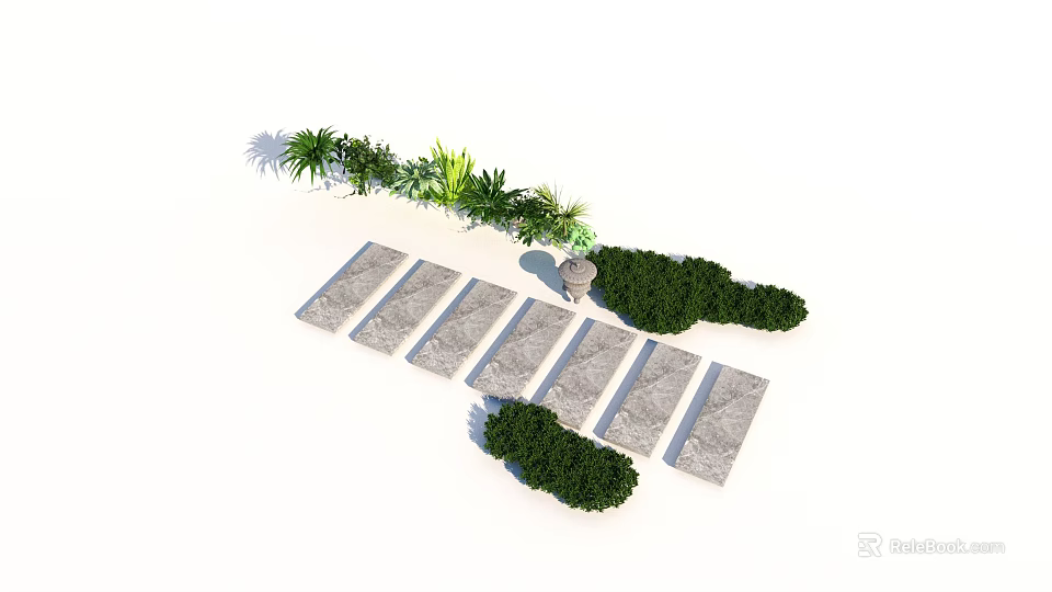 Beautiful Plant Combination With Stone Path Green Bushes And Potted Plant 3d model 