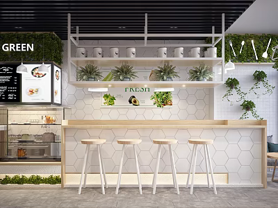Modern Green Milk Tea Shop Interior With Hexagonal Tiles Bar Counter And High Stools 3d model