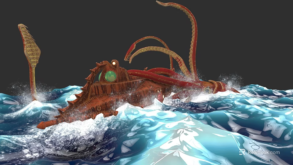 Mechanical Aquatic Octopus With Red Tentacles Moving Through Rough Ocean Waves 3d model 