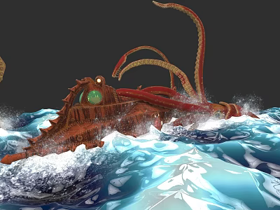 Mechanical Aquatic Octopus With Red Tentacles Moving Through Rough Ocean Waves 3d model