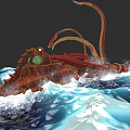 Mechanical Aquatic Octopus With Red Tentacles Moving Through Rough Ocean Waves 3d model