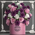 Luxury Ornament Decoration Set with Pink Vase Purple White Roses Green Leaves in Decorative Frame