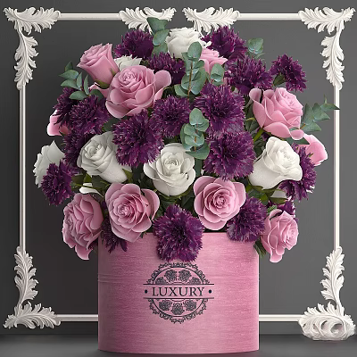 Luxury Ornament Decoration Set with Pink Vase Purple White Roses Green Leaves in Decorative Frame 3d model