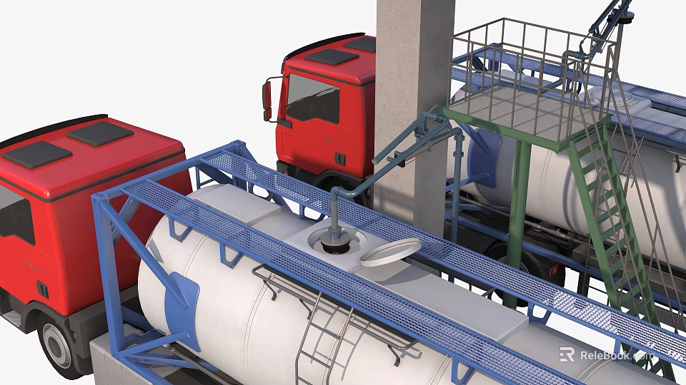 Industrial Equipment Featuring Large Storage Tanks Red Trucks Metal Frames And Platforms 3d model 