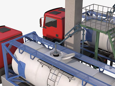 Industrial Equipment Featuring Large Storage Tanks Red Trucks Metal Frames And Platforms 3d model