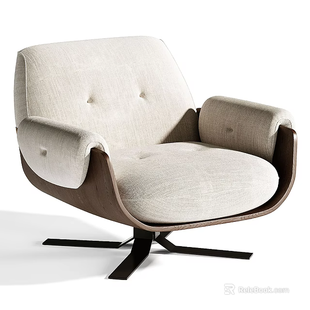 Light Beige Fabric Accent Chair With Button Tufted Design Wooden Armrests And Metal Cross Base 3d model 