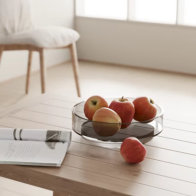 Fresh Red Apples in Transparent Glass Bowl on Wooden Table with Magazine and Single Apple 3d model