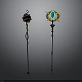 Fantasy Magic Staffs Design With Spiral Green Vines And Yellow Star Blue Gem