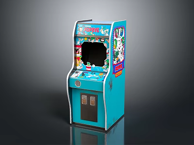 Blue Arcade Game Machine Featuring Colorful Cartoon Graphics Screen Coin Slot And Control Buttons 3d model