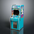 Blue Arcade Game Machine Featuring Colorful Cartoon Graphics Screen Coin Slot And Control Buttons