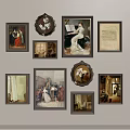 Various Framed Artworks On Wall With Different Styles And Vintage Paintings