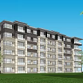 Modern Multi Story Apartment Building Exterior With Green Lawn And Clear Blue Sky