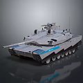 Modern Military Tank Vehicle With Gray Exterior Blue Stripes Turret And Tracks