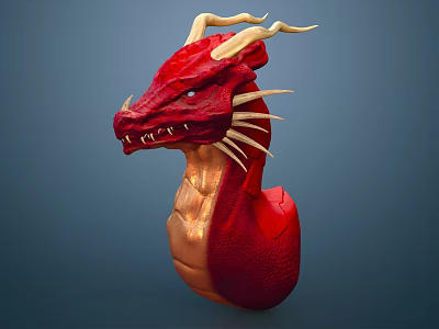 Red Dragon Head Sculpture With Yellow Horns And Golden Body On Blue Background 3d model